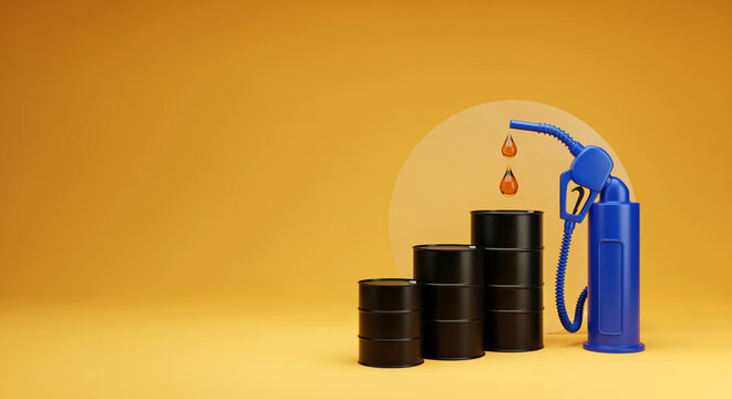 Gas price surge story told with a fuel nozzle dripping oil above stacked barrels for news about petrol cost and diesel shortage with refinery output, fuel tax at the pump and rising energy bill