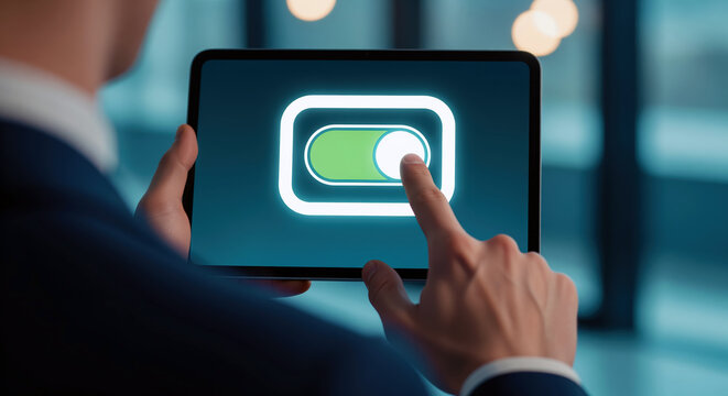 Glowing toggle switch is turned on by a hand for app setting change and account access, showing privacy choice permission approval subscription status and simple enable or disable control on screen