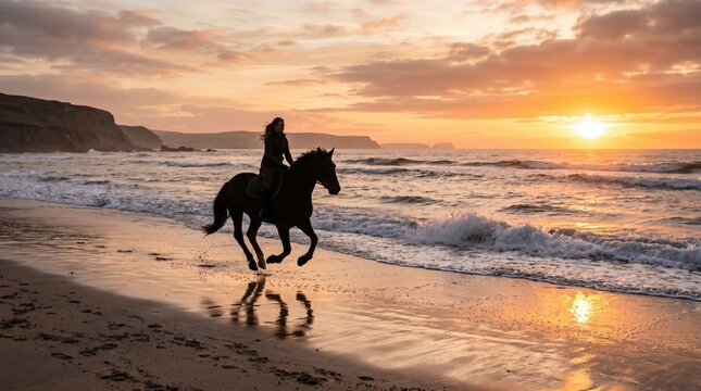Woman riding a black horse on a beach at sunset
