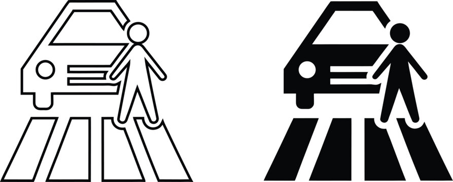 Pedestrian crossing sign with car and person line and solid fill crosswalk zebra crossing traffic sign