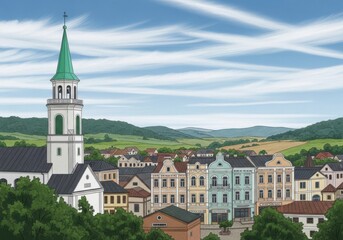 Obraz premium panoramic view of historic european town with church steeple under blue sky
