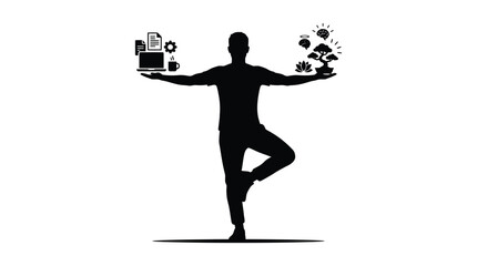 Fototapeta premium Silhouette of a man balancing professional work tasks with personal mindfulness and mental health symbols in this conceptual studio photograph illustrating a healthy life work balance