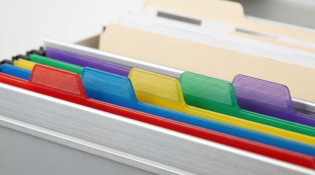 Close-up of colorful plastic document dividers in a filing system for office organization