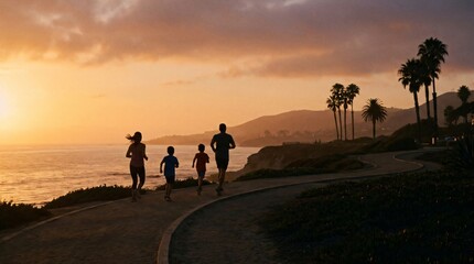 Fototapeta premium Silhouette of man, woman and two kids jogging on coastal path at sunset. Active family healthy lifestyle on summer vacation. Sport exercise training together by ocean in evening light.