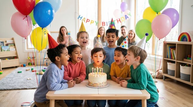 Children celebrating a birthday party with cake and balloons