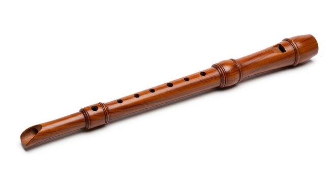 Elegant dark wood recorder flute isolated on a white background, professional woodwind musical instrument