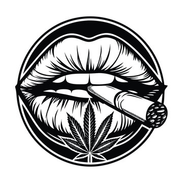 Black and white vector lips smoking joint, cannabis leaf design, marijuana symbol, bold graphic illustration