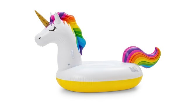 Inflatable Unicorn Pool Float with Rainbow Mane and Tail Isolated on White Background