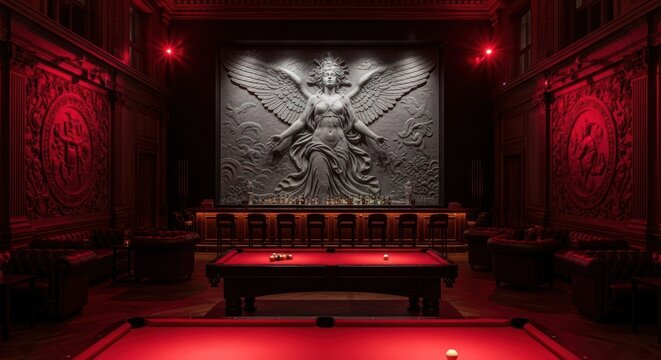Dramatic red lit billiards room with angelic sculpture and pool table
