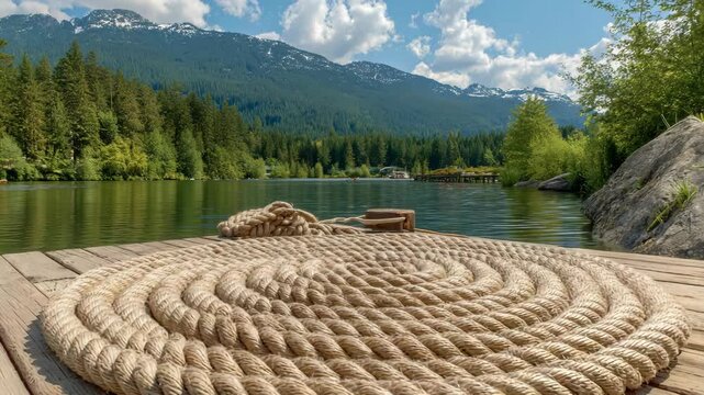 Coiled rope on wooden dock by mountain lake