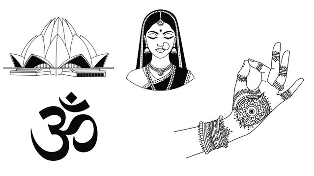 Collection of Indian cultural icons including the Lotus Temple, a woman face, an Om symbol, and a hennaed hand.