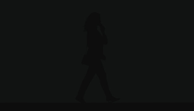 Professional woman walking and talking on her smartphone creates a dark silhouette that emphasizes the fast paced nature of contemporary business life and the need for constant mobile accessibility.