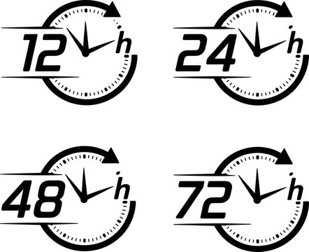 Minimalist clock icons showing time intervals of 12, 24, 48, and 72 hours with circular arrows