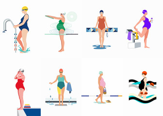 Flat vector illustrations of pregnant women engaging in various swimming and pool activities, highlighting fitness and health during pregnancy. © Akira