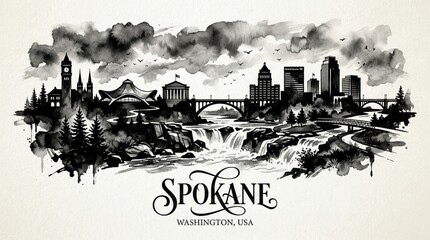 Fototapeta premium Spokane skyline silhouette featuring riverfront landmarks, waterfalls, and downtown buildings, black and white ink illustration, stylish lettering below reading 