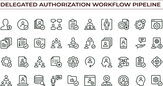 Delegated authorization workflow pipeline icon set for secure identity verification and enterprise access management systems