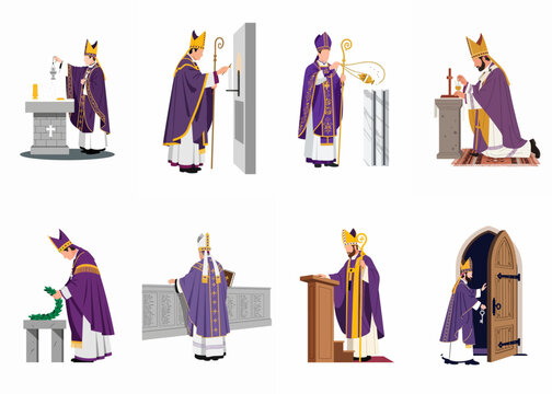 Illustration set of a Catholic bishop in purple vestments performing various religious ceremonies, rituals, and liturgical services in a church setting.