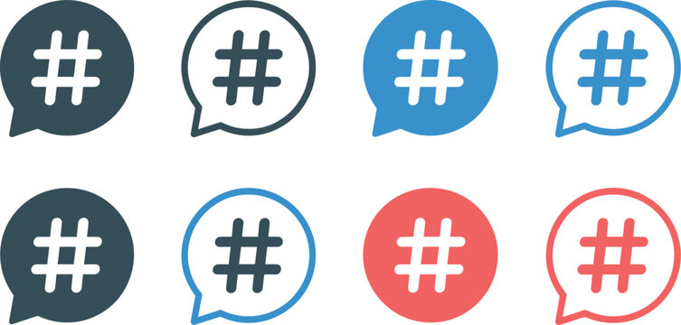Set of colorful speech bubble icons with hashtag symbols for social media design