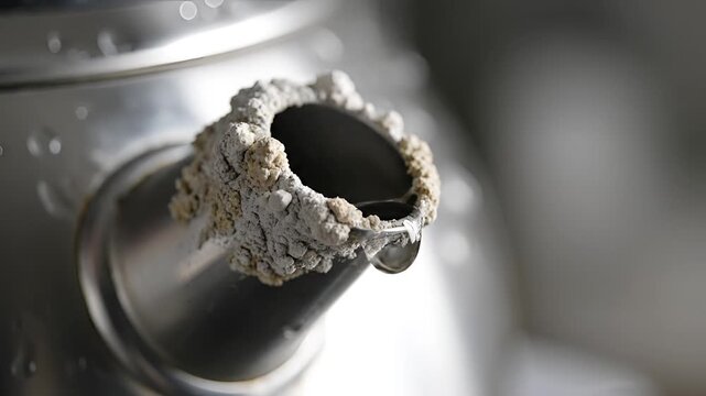 Closeup of limescale buildup on a kettle spout.