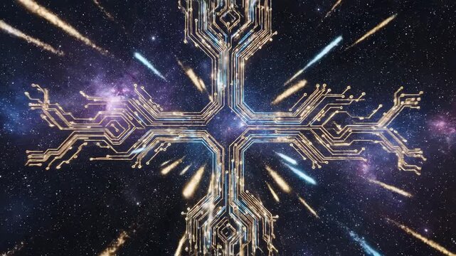 Intricate, metallic circuitry forms a luminous celestial cross shape against a deep cosmic expanse, adorned with streaking lights and nebulae, evoking themes of space exploration, divine