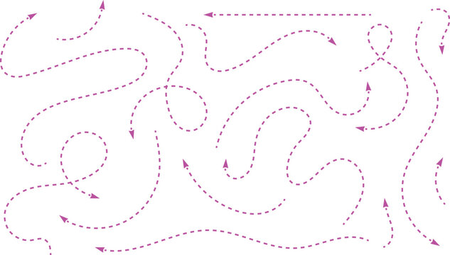 Pink dashed wavy arrow path set with curved flowing direction lines. Decorative dotted route trail collection on white background. Perfect for infographics, maps, and motion graphic design.
