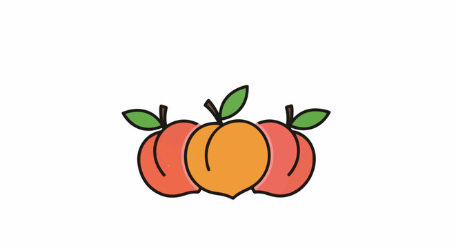 Three simple illustrated peaches with green leaves