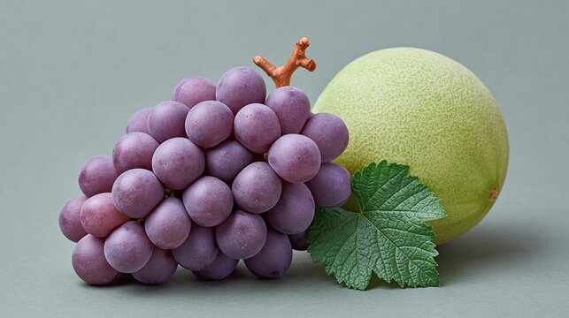 Fresh purple grapes and green melon with green leaves arranged on a neutral background, showcasing vibrant colors and natural textures of the fruits