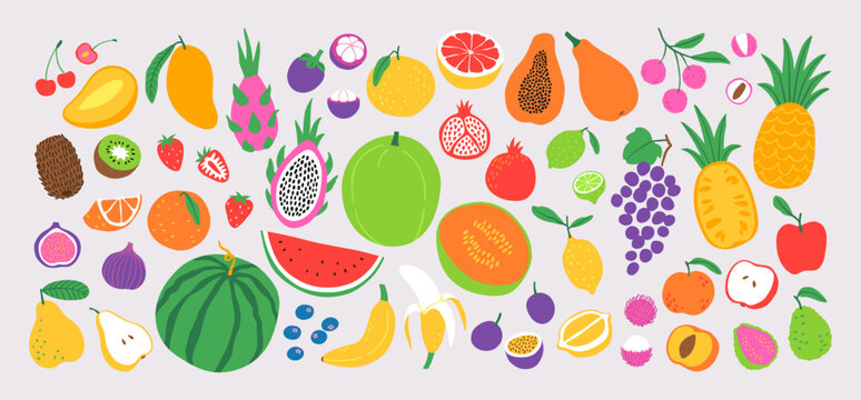 Hand drawn colorful doodle set of fruits and berries. Simple natural collection with different tropical whole and cut fruits. Minimalist cartoon design for decorations, print, clipart, sticker