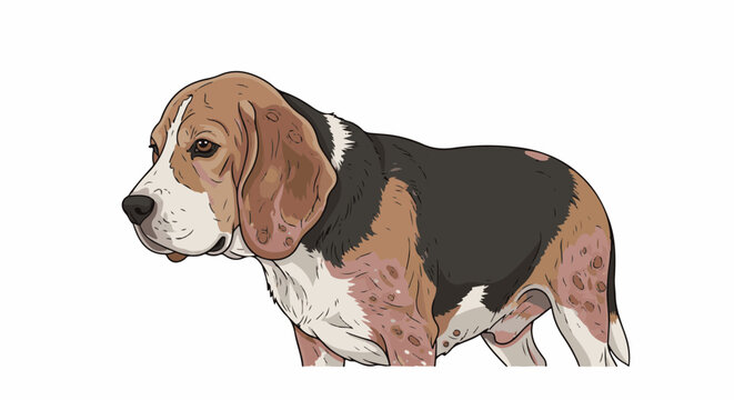 Tri-colored canine with long ears and patchy fur, looking left