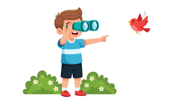 Cartoon boy birdwatching with binoculars in nature, happy child looking at a red bird flying near bushes, curious kid exploring wildlife outdoors, flat vector illustration