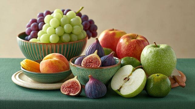 Assorted fresh fruits including grapes, apples, figs, peaches, and limes arranged on a green tablecloth with decorative bowls in a neutral background setting
