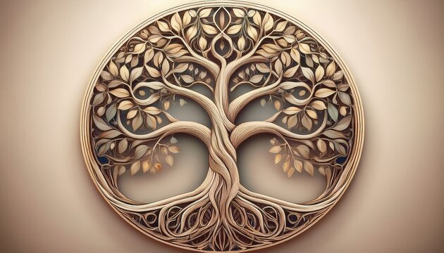 a tree of life symbol with intertwining roots and branches in neutral colors