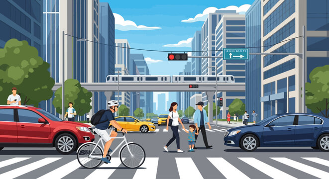 Modern urban city street vector illustration with busy traffic and pedestrians. Metropolitan downtown scene with skyscrapers, monorail train, and people crossing the road.