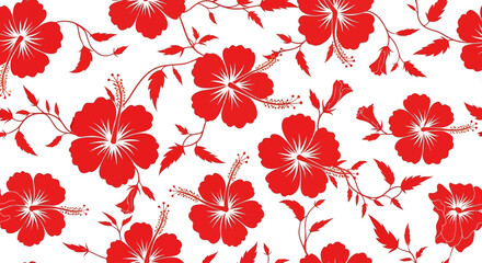 Tropical hibiscus flower seamless pattern vector, red floral blossoms on white background, exotic botanical summer print for textile design, vibrant hawaiian aloha garden wallpaper © Charlie