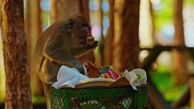 Macaque monkey looks in dumpster for food in the forest