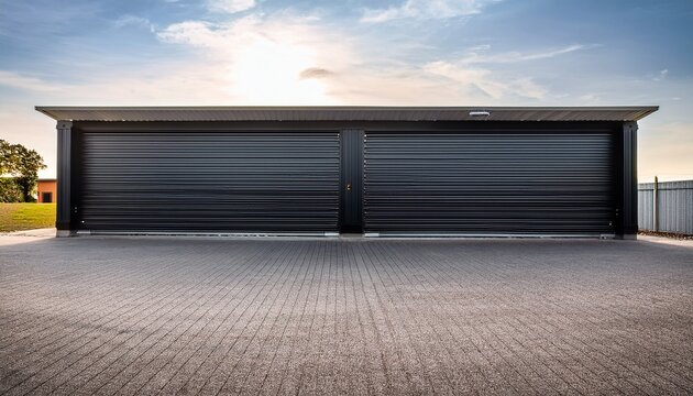 a large outdoor storage unit with black doors in the background is an empty parking lot