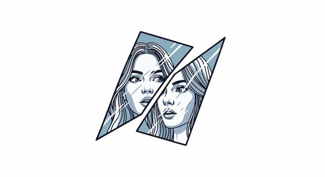 Two fragmented mirror shards reflect portraits of women's faces with surprised expressions