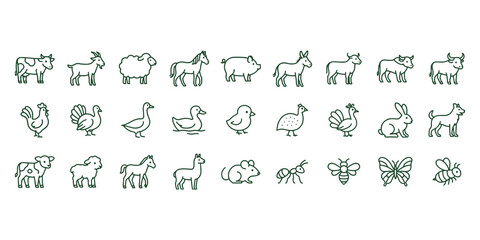 Fototapeta premium Farm animals line icon set. Vector pictograms of goose, duckling, duck, sheep, horse, pig, thin linear illustration.