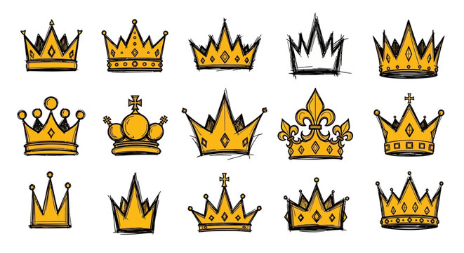 Hand drawn golden crown vector set, 15 royal king and queen crowns with black ink outlines, sketch style imperial coronet collection, luxury gold headwear icons for branding