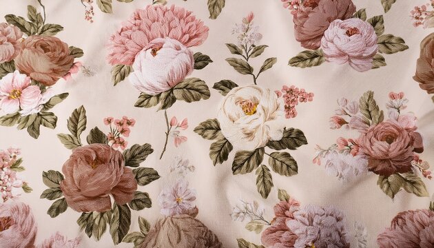 a delicate vintage floral fabric pattern featuring faded pastel roses and peonies on an antique beige cotton background perfect for classic upholstery or dresses