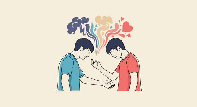 Two figures share a connection, with thoughts and emotions visualized above
