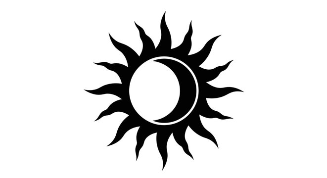Celestial sun and moon eclipse vector icon, mystical solar flare with crescent moon silhouette, black tribal sunburst graphic, esoteric astronomical symbol for tarot and occult design