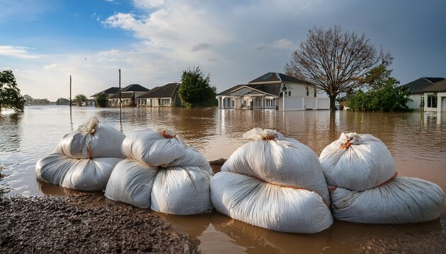 close shot of flood protection sandbags with flooded homes in the background