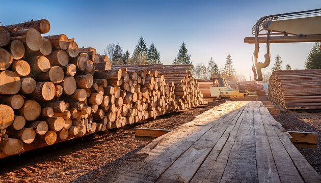 numerous felled trees rest on wooden boards as industrial saws and machinery work to transform timber into processed materials in a lively woodworking shop