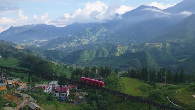 Sapa Red Mountain Train Rice Fields Aerial Wide View, Vietnam