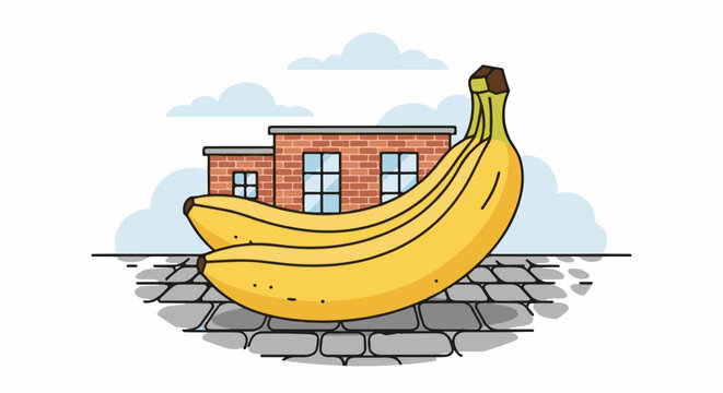 Two ripe bananas rest on a cobblestone path in front of brick buildings and fluffy clouds