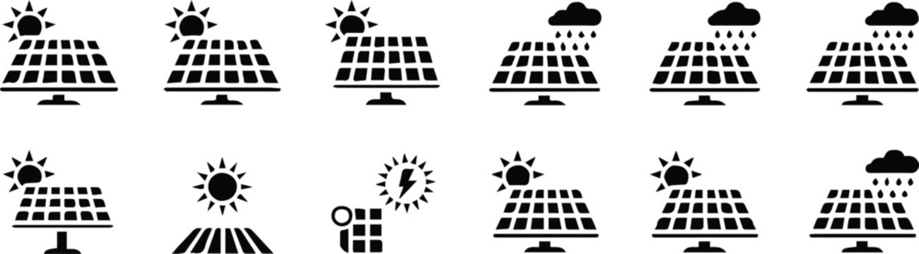 solar panel icons weather variations sun cloud storm energy states