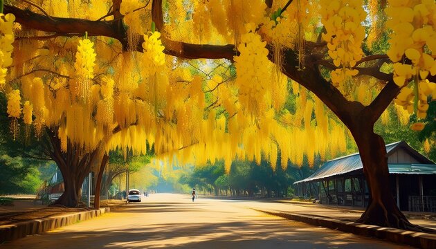 elegant scene of a golden shower tree ratchaphruek in full bloom with cascading yellow flowers thailand s national tree representing unity and prosperity