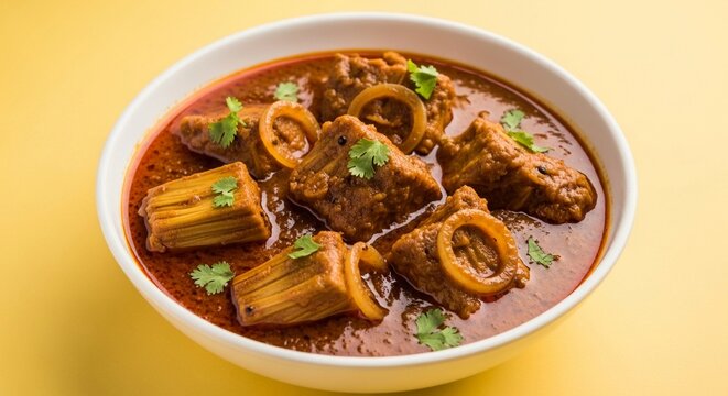 Delicious spicy jackfruit curry served in a white bowl with fresh green cilantro garnish and onion rings on a bright yellow background for food photography enthusiasts