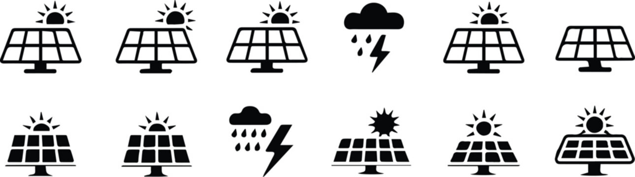 solar panel icon set sun cloud rain lightning weather symbols